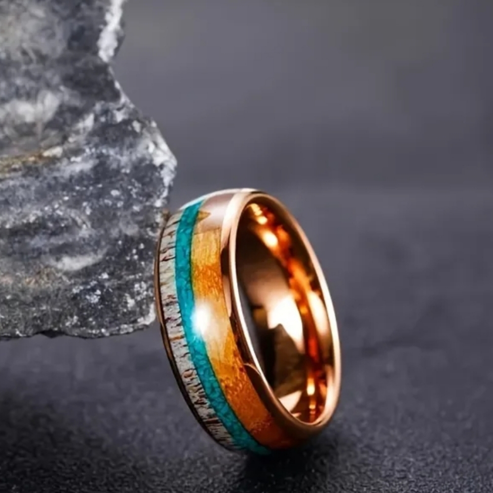 Men's Stainless Steel 8mm Tri-Color Wood Grain Ring. Unisex